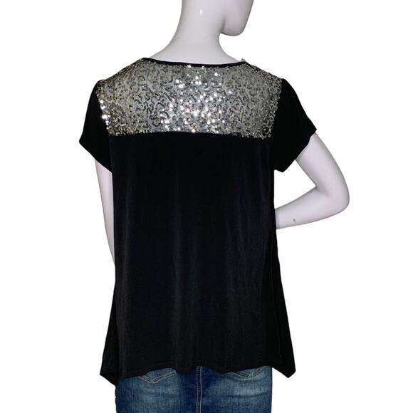 Jaclyn Smith Blouse Short Sleeve Black Asymmetric Sequence on Back Size M - Picture 4 of 10